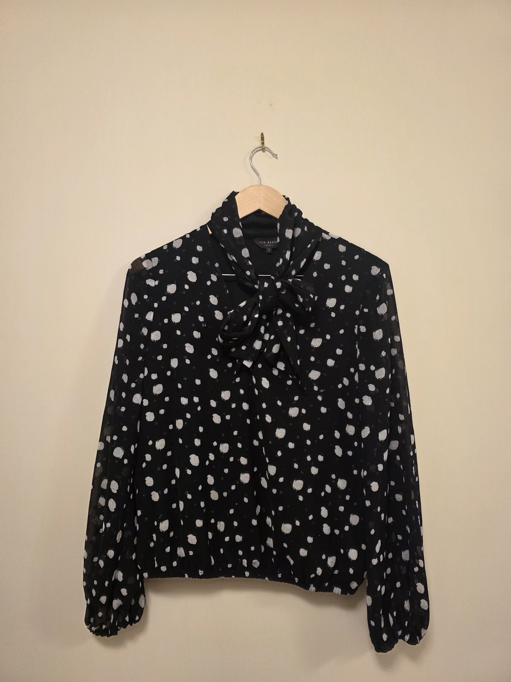 Ted Baker London Black Blouse with White Spot Print and Tie Neck